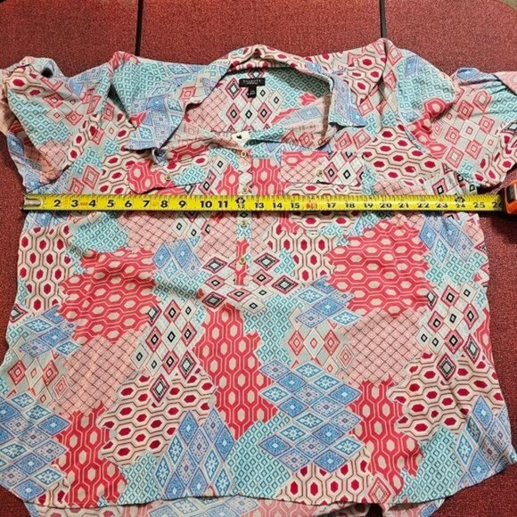 Talbots Geometric Button Up Blouse 2XP Multicolor Patchwork Roll Tab Sleeves NWT - Picture 9 of 10
